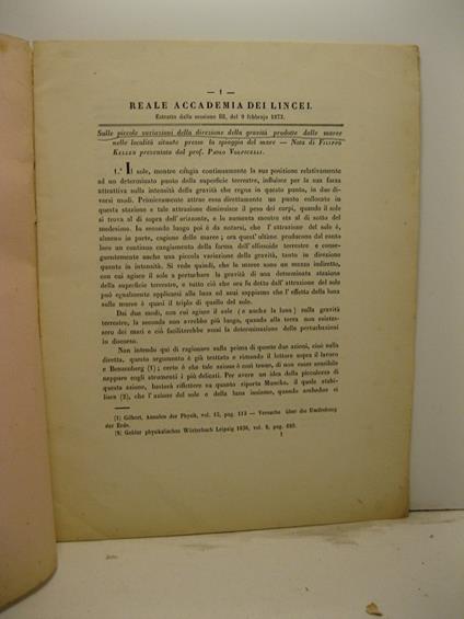 Sulle piccole variazioni della direzione della gravita' prodotte dalle maree nelle localita' situate presso la spiaggia del mare. Nota presentata dal prof. Paolo Volpicelli - copertina