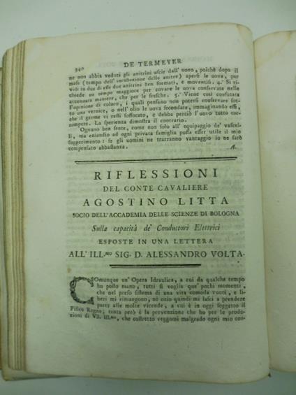 Riflessioni del conte cavaliere Agostino Litta... sulla capacita' de' conduttori elettrici esposte in una lettera all'ill.mo sig. D. Alessandro Volta - copertina
