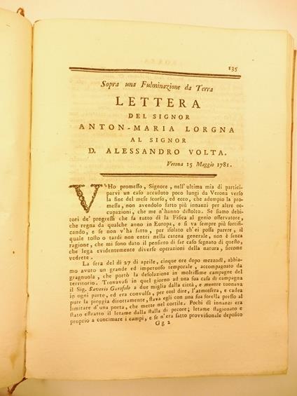 Sopra una fulminazione da terra. Lettera del signor Anton Maria Lorgna al signor D. Alessandro Volta - copertina
