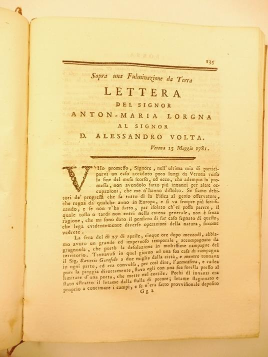 Sopra una fulminazione da terra. Lettera del signor Anton Maria Lorgna al signor D. Alessandro Volta - copertina