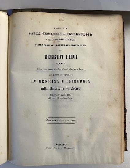 Rapidi cenni sulla cistotomia sottopublica con otto osservazioni. Dissertazione inaugurale... Medicina e Chirurgia nella Universita' di Torino - copertina