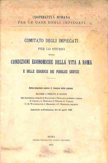 Cooperativa romana fra le case degli impiegati. Comitato degli impiegati per lo studio delle condizioni economiche della vita a Roma e delle esigenze dei pubblici servizi - copertina