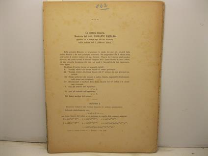 La sestica binaria. Memoria approvata per la stampa negli Atti dell'Accademia nella seduta del 3 febbraio 1884 - copertina