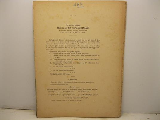La sestica binaria. Memoria approvata per la stampa negli Atti dell'Accademia nella seduta del 3 febbraio 1884 - copertina