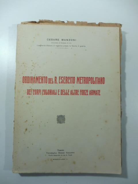 Ordinamento del R. Esercito metropolitano dei Corpi coloniali e delle altre forze armate - copertina