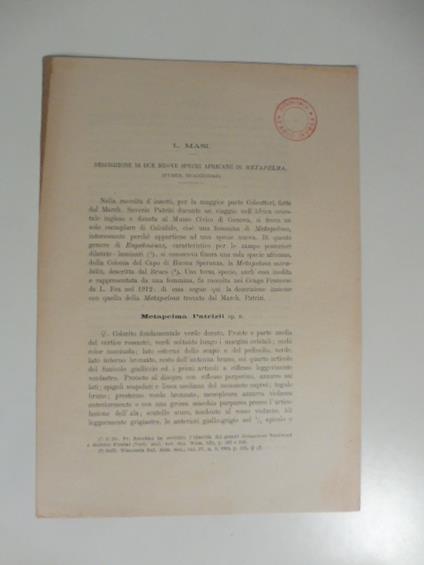 Descrizione di due nuove specie africane di metapelma - copertina