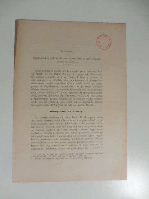 Descrizione di due nuove specie africane di metapelma - copertina