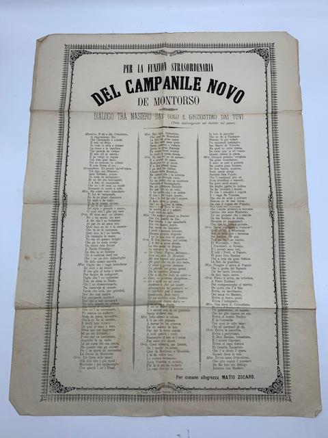 Per la funzion strasordenaria del Campanile novo de Montorso. Dialogo tra Masiero Dal Colo e Grisostimo dai Tuvi (tolto dall'originale nel dialetto del paese). Manifesto - copertina