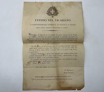 Uffizio del Vicariato e Sovrin'Intendenza generale di Politica e Polizia della citta', borghi e territorio di Torino (Manifesto) - copertina