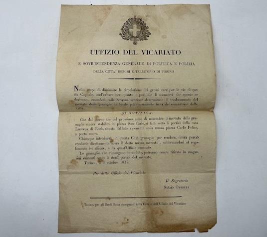Uffizio del Vicariato e Sovrin'Intendenza generale di Politica e Polizia della citta', borghi e territorio di Torino (Manifesto) - copertina