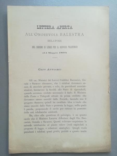 Lettera aperta all'onorevole Balestra relatore sul disegno di legge per il servizio telefonico (14 maggio 1890)