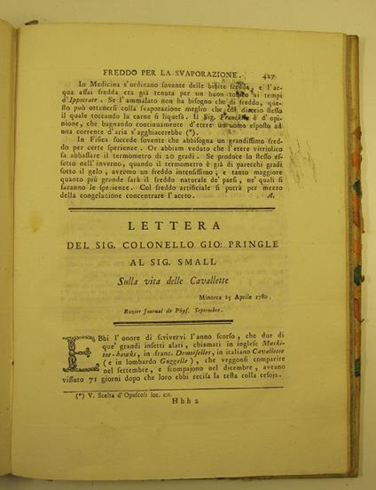 Lettera del sig. collonnello Gio. Pringle al sig. Small sulla vita delle cavallette - copertina