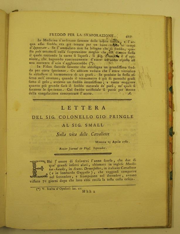 Lettera del sig. collonnello Gio. Pringle al sig. Small sulla vita delle cavallette