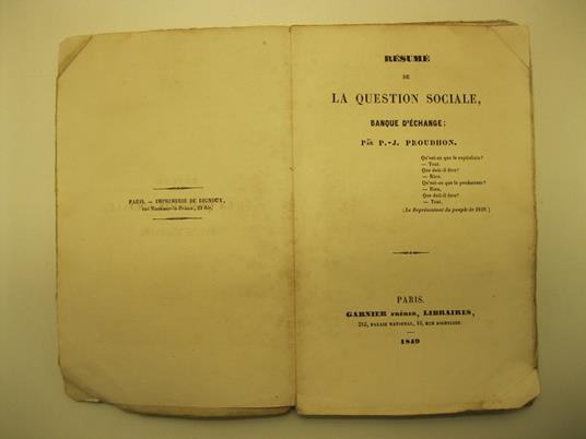 Re'sume' de la question sociale, banque d'e'change. Par P. J. Proudhon - copertina