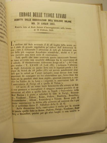 Errori delle tavole lunari dedotti dalle osservazioni dell'ecclisse solare del 28 luglio 1851. Memoria SEGUE Seguito della memoria sulla determinazione degli errori delle tavole lunari.. - copertina