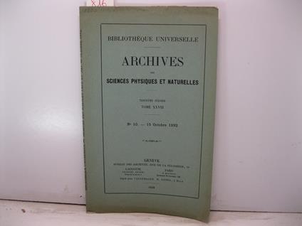 Les seiches du lac de Neuchatel par Ed. Sarasin in 'Archives des sciences physiques et naturelles' (Tome XXVIII, n. 10, 15 octobre 1892) - copertina