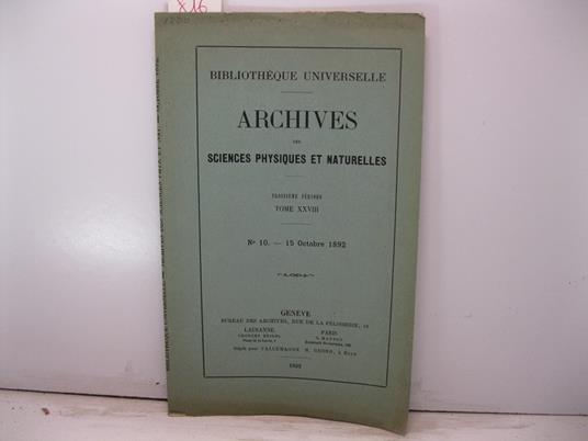 Les seiches du lac de Neuchatel par Ed. Sarasin in 'Archives des sciences physiques et naturelles' (Tome XXVIII, n. 10, 15 octobre 1892) - copertina