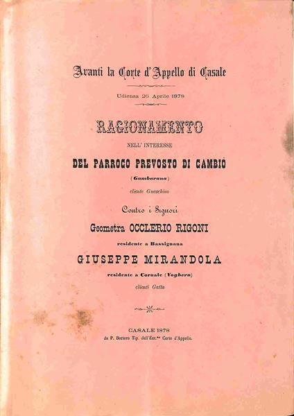 Ragionamento nell'interesse del parroco prevosto di Cambio' (Gambarana)...contro i signori Geometra Occlerio Rigoni...Giuseppe Mirandola - copertina