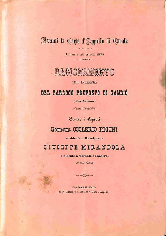 Ragionamento nell'interesse del parroco prevosto di Cambio' (Gambarana)...contro i signori Geometra Occlerio Rigoni...Giuseppe Mirandola - copertina