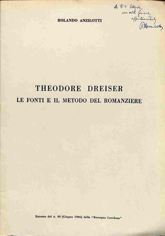 Theodore Dreiser. Le fonti e il metodo del romanziere - Rolando Anzilotti - copertina