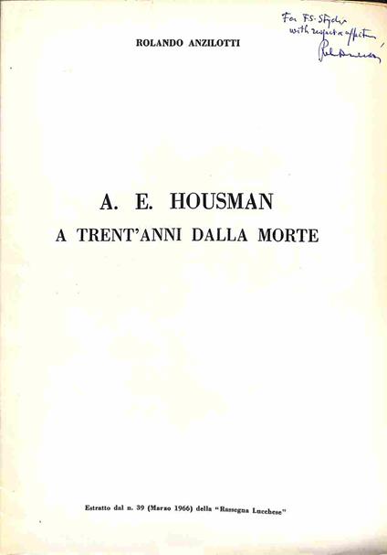 A. E. Housman a trent'anni dalla morte - Rolando Anzilotti - copertina