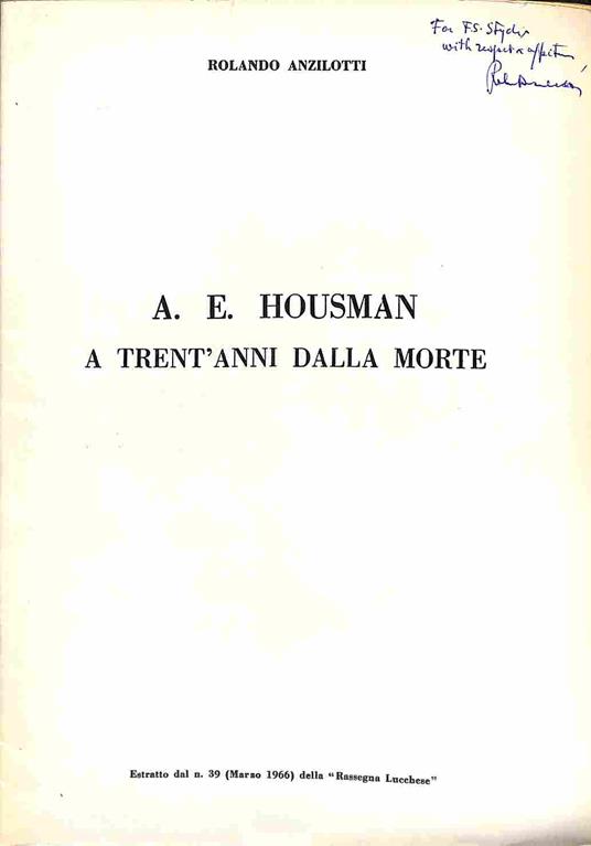 A. E. Housman a trent'anni dalla morte - Rolando Anzilotti - copertina