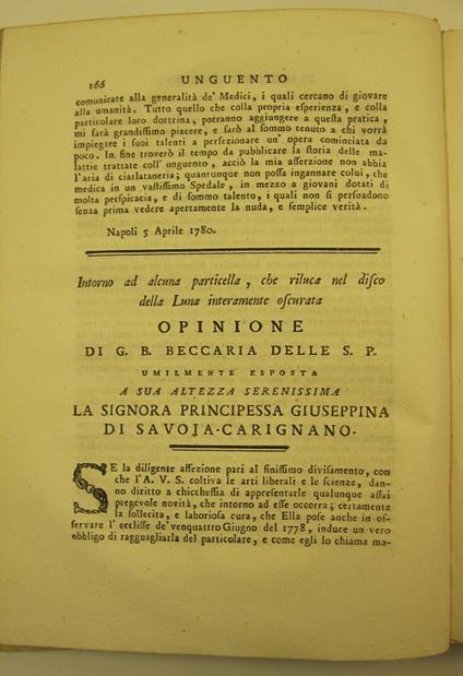 Intorno ad alcuna particella che riluca nel disco della luna interamente oscurata. Opinione di G. B. Beccaria - Giambattista Beccaria - copertina