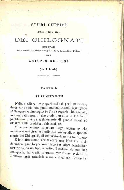 Studi critici sulla sistematica dei Chilognati conservati nella raccolta del Museo Zoologico della R. Universita' di Padova - Antonio Berlese - copertina
