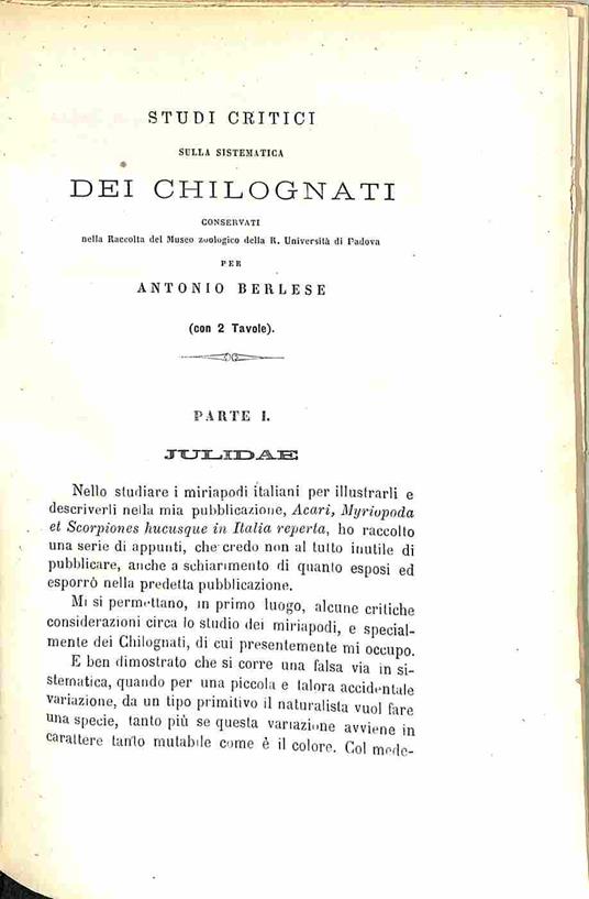 Studi critici sulla sistematica dei Chilognati conservati nella raccolta del Museo Zoologico della R. Universita' di Padova - Antonio Berlese - copertina