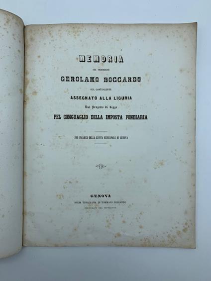 Memoria del Professore Gerolamo Boccardo sul contingente assegnato alla Liguria dal progetto di legge pel conguaglio della imposta fondiaria - Gerolamo Boccardo - copertina
