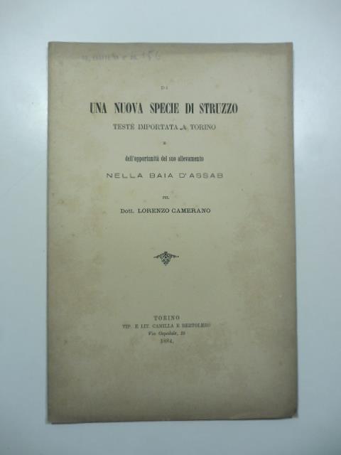 Una nuova specie di struzzo teste' importata a Torino e dell'opportunita' del suo allevamento nella baia d'Assab