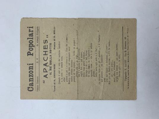 Canzoni popolari. Apaches il re della notte. Versi di B. Cherubini. Musica di D. Rulli - B. Cherubini - copertina
