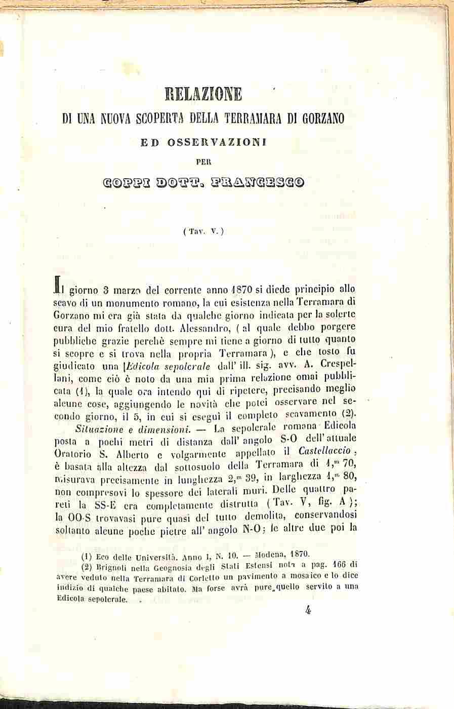 Relazione di una nuova scoperta della Terramara di Gorzano