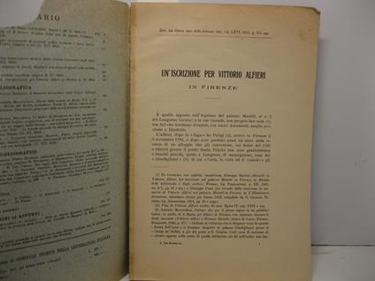 Un'iscrizione per Vittorio Alfieri in Firenze - Achille De Rubertis - copertina