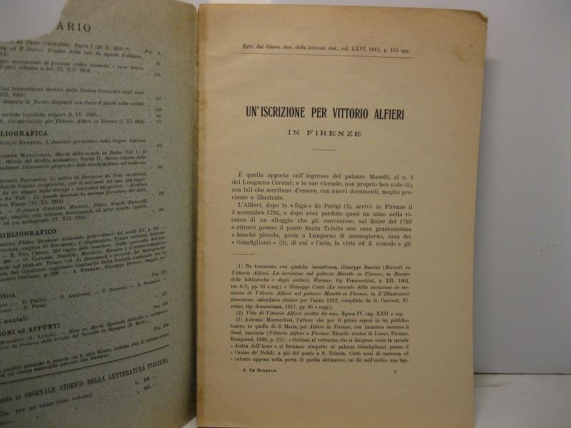 Un'iscrizione per Vittorio Alfieri in Firenze