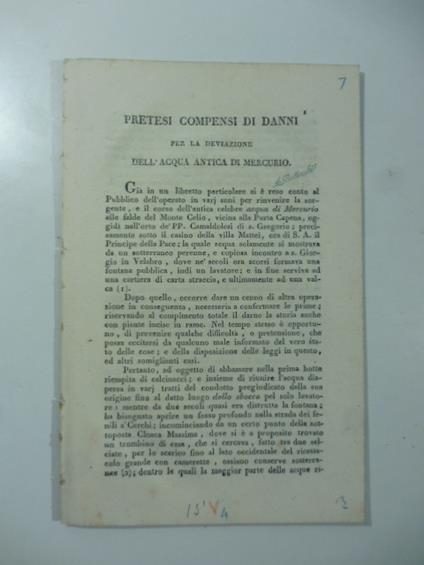 Pretesi compensi di danni per la deviazione dell'acqua antica di Mercurio - Carlo Fea - copertina