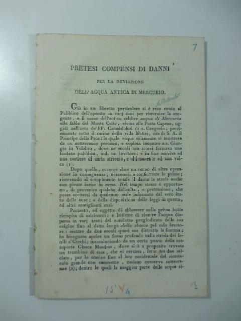 Pretesi compensi di danni per la deviazione dell'acqua antica di Mercurio - Carlo Fea - copertina