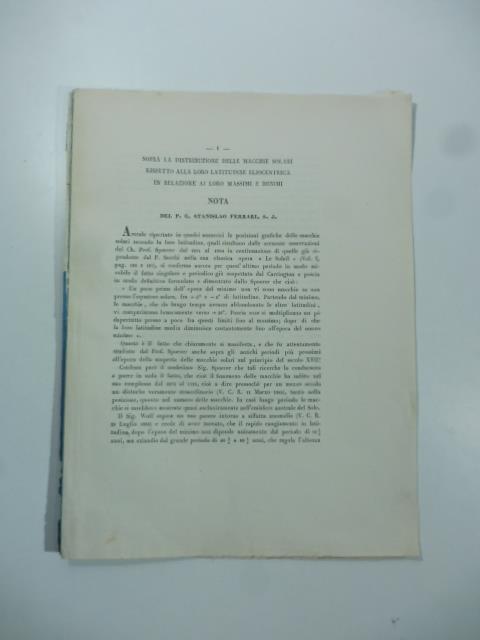 Sopra la distribuzione delle macchie solari rispetto alla loro latitudine eliocentrica in relazione ai loro massimi e minimi - Stanislao Ferrari - copertina