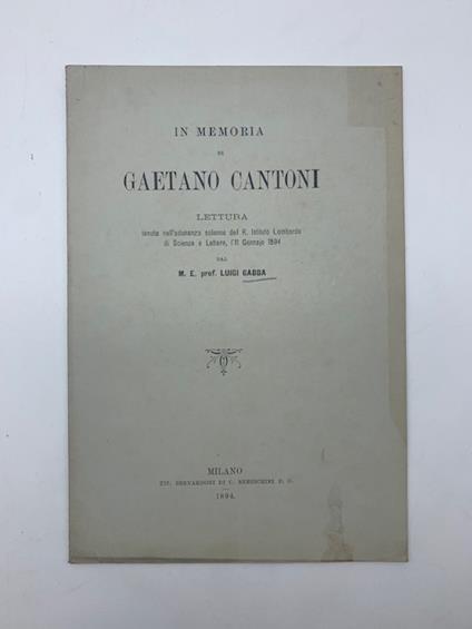 In memoria di Gaetano Cantoni - Luigi Gabba - copertina