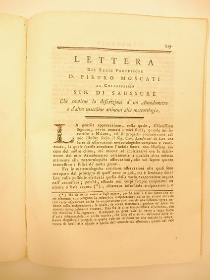 Lettera del regio professore D. Pietro Moscati al chiarissimo Sig. Di Saussure che contiene la descrizione d'un atmidometro e d'altre macchine attinenti alla meteorologia - Pietro Moscati - copertina