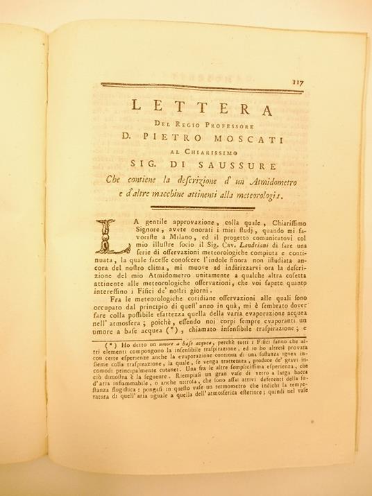 Lettera del regio professore D. Pietro Moscati al chiarissimo Sig. Di Saussure che contiene la descrizione d'un atmidometro e d'altre macchine attinenti alla meteorologia - Pietro Moscati - copertina