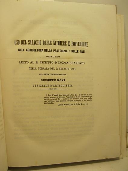 Uso del salaccio delle nitriere e polveriere nell'agricoltura nella pastorizia e nelle arti. Discorso letto al R. Istituto d'incoraggiamento nella tornata del 2 gennaio 1851 - Giuseppe Novi - copertina