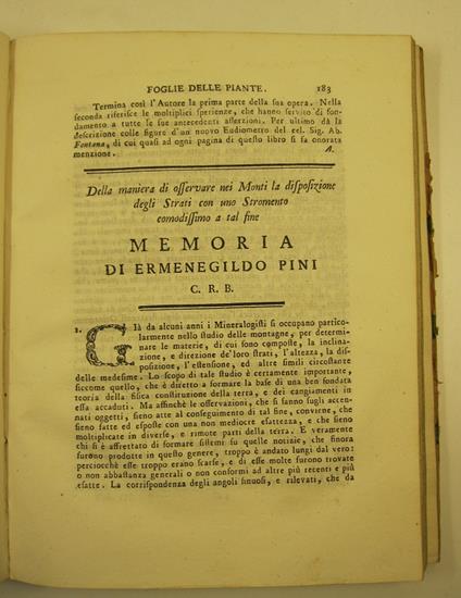 Della maniera di osservare nei monti la disposizione degli strati con uno stromento comodissimo a tal fine. Memoria - Ermenegildo Pini - copertina