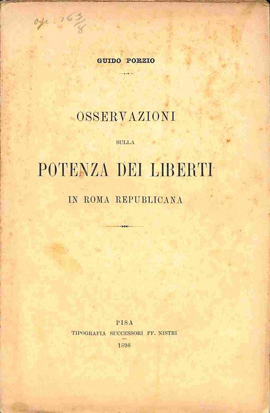 Osservazioni sulla potenza dei liberti in Roma repubblicana - Guido Porzio - copertina