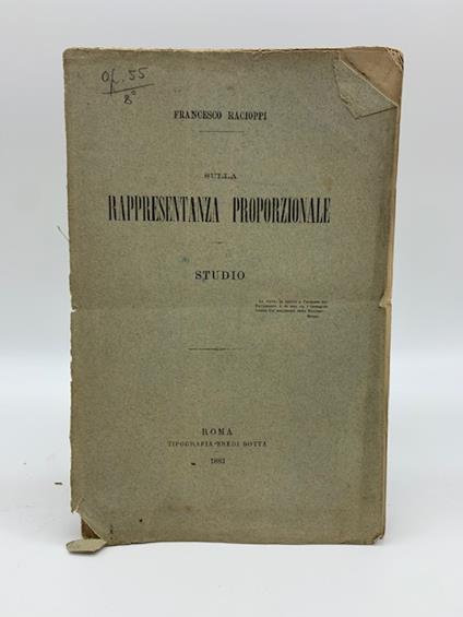 Sulla rappresentanza proporzionale. Studio - Francesco Racioppi - copertina