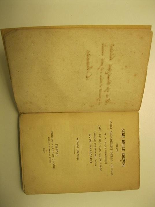 Serie delle edizioni citate dagli accademici della crusca, nelle cinque impressioni del loro vocabolario, pubblicata per cura dell'abate Luigi Razzolini. Seconda Edizione - Luigi Razzolini - copertina