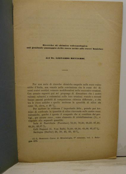 Ricerche di chimica vulcanologica sul graduale passaggio delle rocce acide alla rocce basiche - Leonardo Ricciardi - copertina