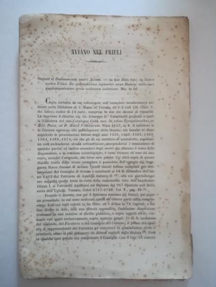 Aviano nel Friuli. Estratto dalla Bibliografia analitica degli Statuti italiani esistenti nella Biblioteca privata del Dott. Antonio Valsecchi - Antonio Valsecchi - copertina