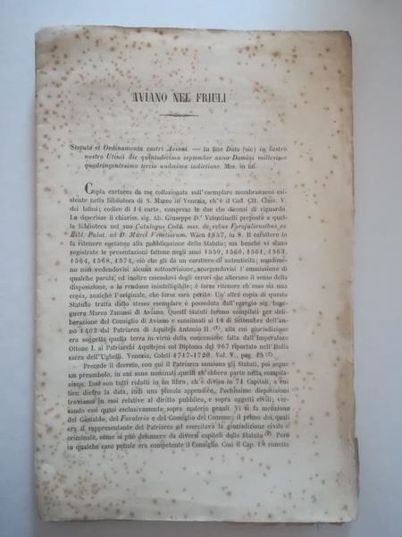 Aviano nel Friuli. Estratto dalla Bibliografia analitica degli Statuti italiani esistenti nella Biblioteca privata del Dott. Antonio Valsecchi