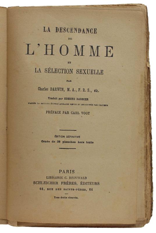 Descendance De L'Homme Et La Selection Sexuelle. Préface Par Carl Vogt